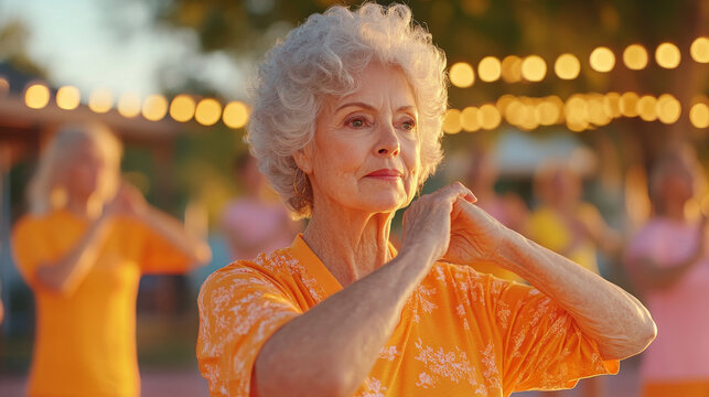 elderly woman practicing tai chi outdoors, surrounded by others in colorful attire, exuding calmness and focus. warm lighting enhances serene atmosphere - Powered by Adobe