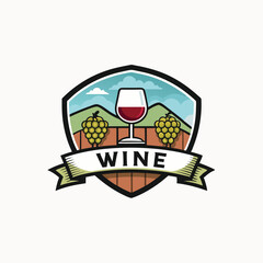 Wine drink concept. Bottle of wine, wineglass,  winery logo or icon, emblem, label for menu design Stock vector illustration isolated on silhouette background.