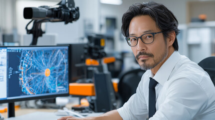 focused man in glasses working at computer in modern office, analyzing data on screen. environment is tech oriented, showcasing advanced equipment and professional atmosphere