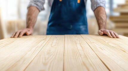 Professional carpenter standing near light wooden workbench, handling smooth planks inside rustic workshop, displaying precise woodworking skills and dedicated craftsmanship