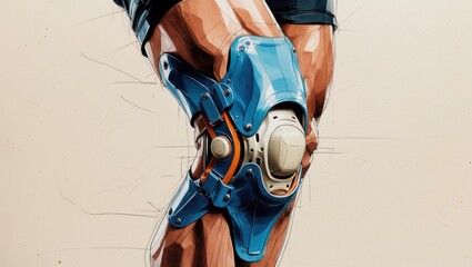 Naklejka premium Human leg with blue robotic knee brace. Sketch style illustration shows orange, white and dark blue colors on beige background.