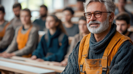 Experienced carpenter teaching woodworking skills to eager students