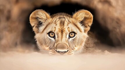 Obraz premium Small lion cub peeking through shadowy den entrance, intense golden eyes connecting directly with camera, revealing raw wilderness survival instincts
