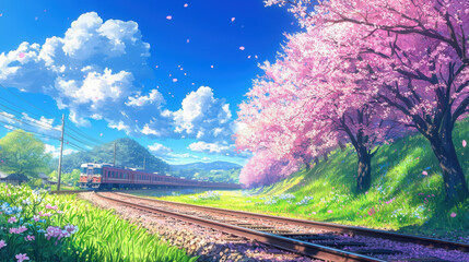 Cherry Blossom Train Spring Scenery - Anime art style