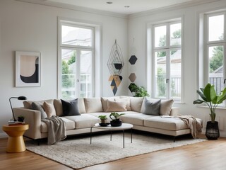 Living room interior with white walls, large windows, and beige sofa. Modern design features plants, geometric decorations, and wood floor, creating cozy vibe.
