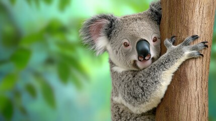 Obraz premium Adorable Koala Clinging to Tree Trunk in Lush Green Forest