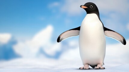 Naklejka premium Ad?lie Penguin on Snowy Landscape with Icebergs and Blue Sky