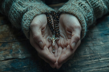 close-up of praying hands holding a rosary with a cross, captured on Good Friday under natural lighting on a textured wooden backdrop