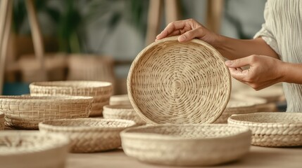 Skilled craftswoman weaving traditional wicker basket, standing among handmade creations in rustic workshop, highlighting artisan crafting techniques and cultural heritage