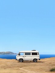 Fototapeta premium Exploring adventure travel in a classic camper van by the seaside scenic viewpoint in nature