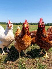 Chickens grazing in a sunny field farm life outdoor photography natural environment close-up view animal behavior