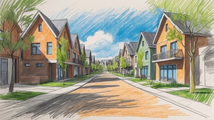Naklejka premium Colored pencil drawing of street with houses. Orange, brown, green buildings line road with blue sky and cloud overhead.