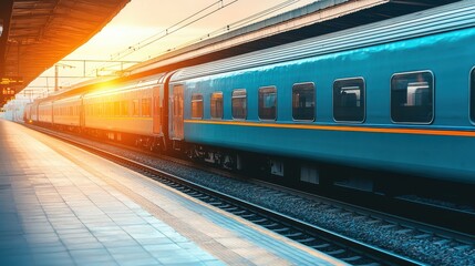 Naklejka premium A vibrant train arrives at a sunlit platform during golden hour.