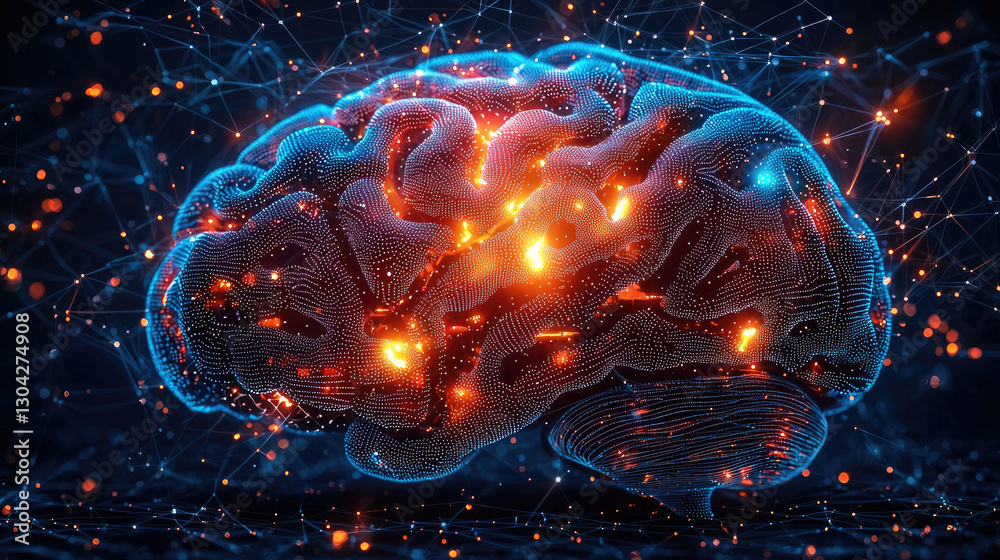 Poster futuristic digital brain illuminated with glowing connections and nodes, representing advanced technology and neural networks
