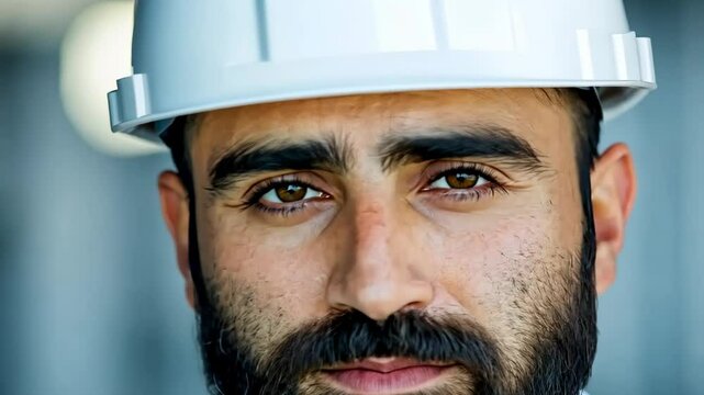 Man with a white hat and a beard is looking at the camera. He has a serious expression on his face