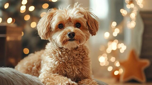Warm Gaze of a Poodle Mix: A charming poodle mix sits in front of bokeh lights, exuding a warm, friendly demeanor with its fluffy fur and endearing eyes. A festive ambiance.