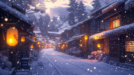 Obraz premium Snowy Japanese Village Winter Night Scene - Winter Wonderland
