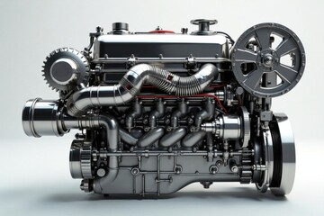 Fototapeta premium A Powerful Polished Metal Engine, Detailed Mechanical Components, Industrial Strength, High-Performance Automotive Technology