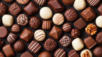Fototapeta premium Gourmet chocolate pralines displaying rich textures, unique shapes, and glossy finishes resting on sleek dark background highlighting delicate confectionery artistry