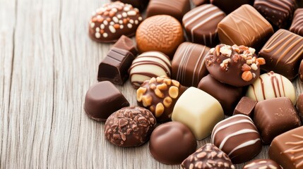 Decadent chocolate confections varying in shape and taste scattered across weathered wooden backdrop, highlighting gourmet sweet delicacies and culinary artistry