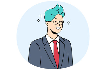 Businessman with funny hairstyle smiling posing in formal suit with tie and bright colored hair. Stylish young businessman stands out among office employees working in corporate field
