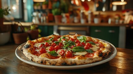 A pizza with tomatoes and basil on top of a white plate