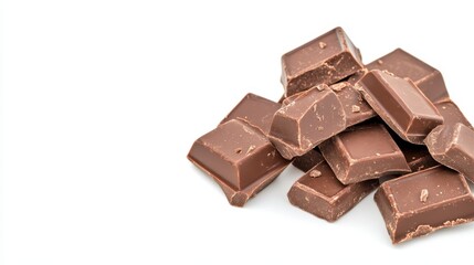 Small chunks of rich milk chocolate forming a tempting pile against a clean white background, enticing chocolate lovers with their creamy texture and delicious sweetness