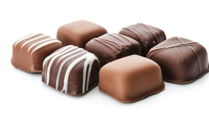 Fototapeta premium Chocolate square candies with white drizzle pattern, neatly aligned on crisp white background, showcasing gourmet confectionery elegance and artistic design