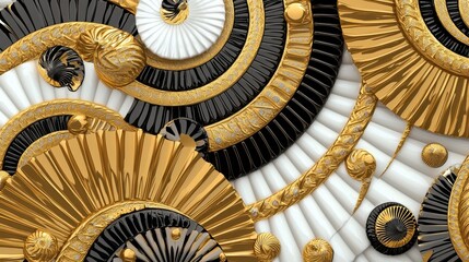 A gold and black design with white circles and swirls