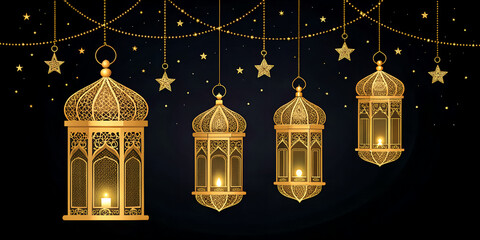A black background featuring golden-colored Ramadan lanterns (fanous) of varying sizes arranged elegantly on the top side