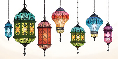 Obraz premium Clean white background featuring vibrant multicolored Ramadan lanterns (fanous) of varying sizes arranged elegantly at the top, glowing softly with intricate details