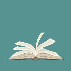 Open book with fluttering pages in retro style vector - symbolizes reading, science, knowledge, learning or library