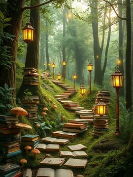 A whimsical scene featuring a stone path and book pillars, illuminated by warm lanterns in a serene forest setting.