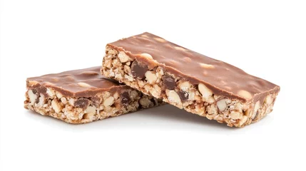  Chocolate coated granola bars layered with crunchy nuts and crispy rice puffs, positioned on pristine white surface highlighting nutritious, sweet treat © Newleks