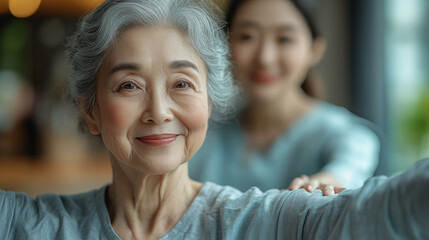 Fototapeta premium Portrait of Asian senior woman doing exercise with her caregiver.