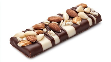 Fototapeta premium Protein bar combining dark and white chocolate, studded with crunchy almonds and mixed nuts, delivering nutritional balance and indulgent flavor in compact snack form