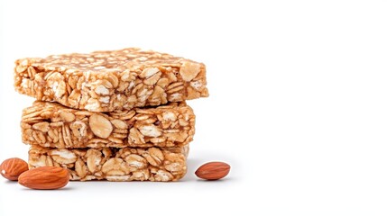 Granola bars aligned on white surface, showcasing golden brown texture with scattered almonds, highlighting nutritional healthy snacking potential