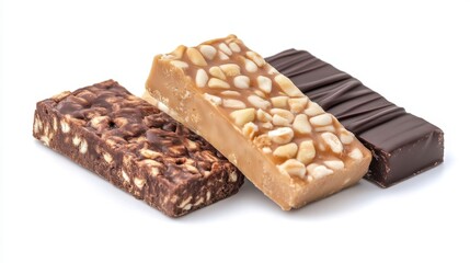 Fototapeta premium Protein bars featuring peanuts and chocolate coating, presenting varied flavors, textures, delivering nutritional balance and instant energy for active lifestyles