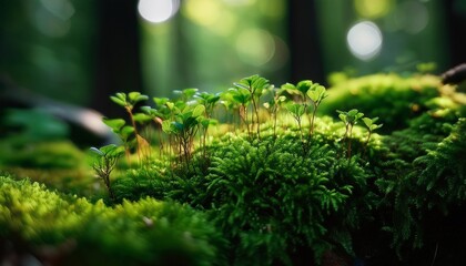 A macro shot of rich green moss and small plants thriving on a forest floor. The image highlights the intricate patterns and textures, showcasing the raw beauty of nature with a focus on life 