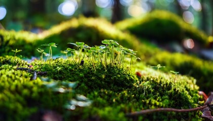 A macro shot of rich green moss and small plants thriving on a forest floor. The image highlights the intricate patterns and textures, showcasing the raw beauty of nature with a focus on life 