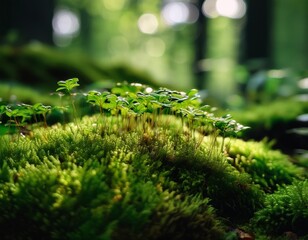 A macro shot of rich green moss and small plants thriving on a forest floor. The image highlights the intricate patterns and textures, showcasing the raw beauty of nature with a focus on life 