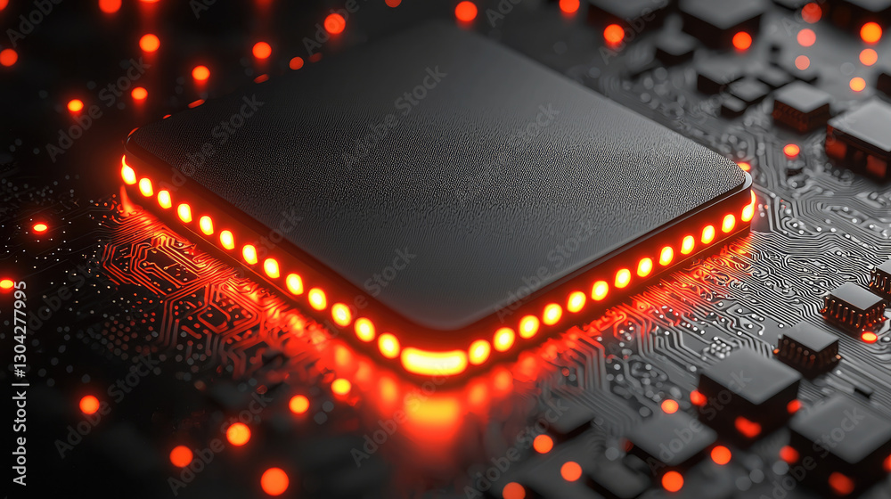Aufkleber close up view of glowing computer chip on circuit board, showcasing intricate details and vibrant co