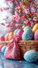 Fototapeta premium Easter Eggs in Basket with Flowers