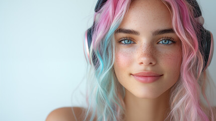 Fototapeta premium Close up portrait of beautiful young woman with pink hair and headphones.
