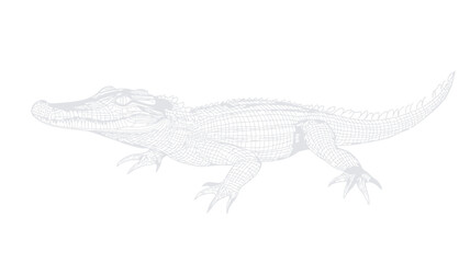 A grayscale pencil sketch depicting a profile view of an alligator. The sketch is detailed, showing the alligator's scales, teeth, and claws. The lines are primarily light and delicate with