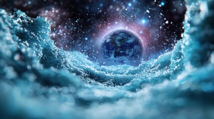 Fototapeta premium A blue planet is floating in space with a blue ocean surrounding it