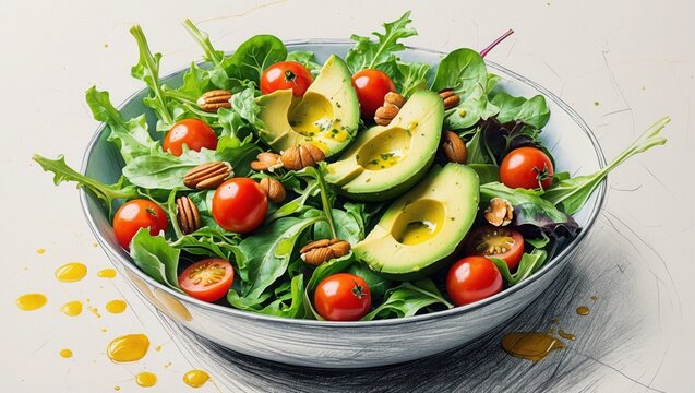 Salad bowl image with mixed greens, red tomatoes, avocado slices, nuts. Food oil drops around. Digital generated with abstract style strokes background