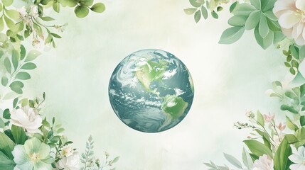 Watercolor Earth surrounded by lush green foliage  
