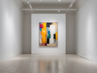 Abstract Art Painting in Gallery. Colorful shapes with yellow, red, blue, black and white colors. Clean white space for exhibit. Art on display.