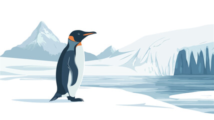 Obraz premium A digital painting or illustration depicts a single penguin standing on a snowy landscape. The penguin is centrally located and facing right. The background features a stylized, painterly